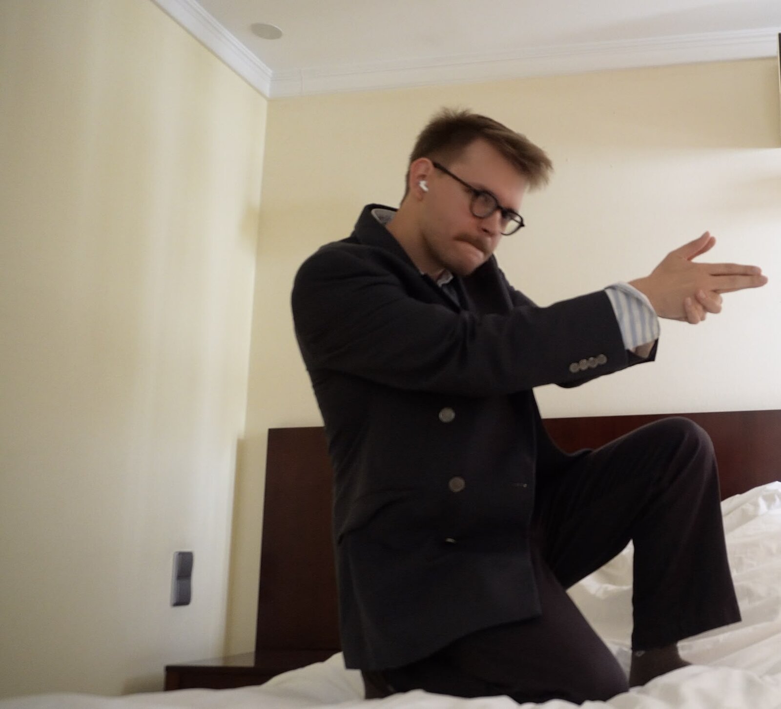 Samurai in Transnistria still — a staged pose in a hotel room