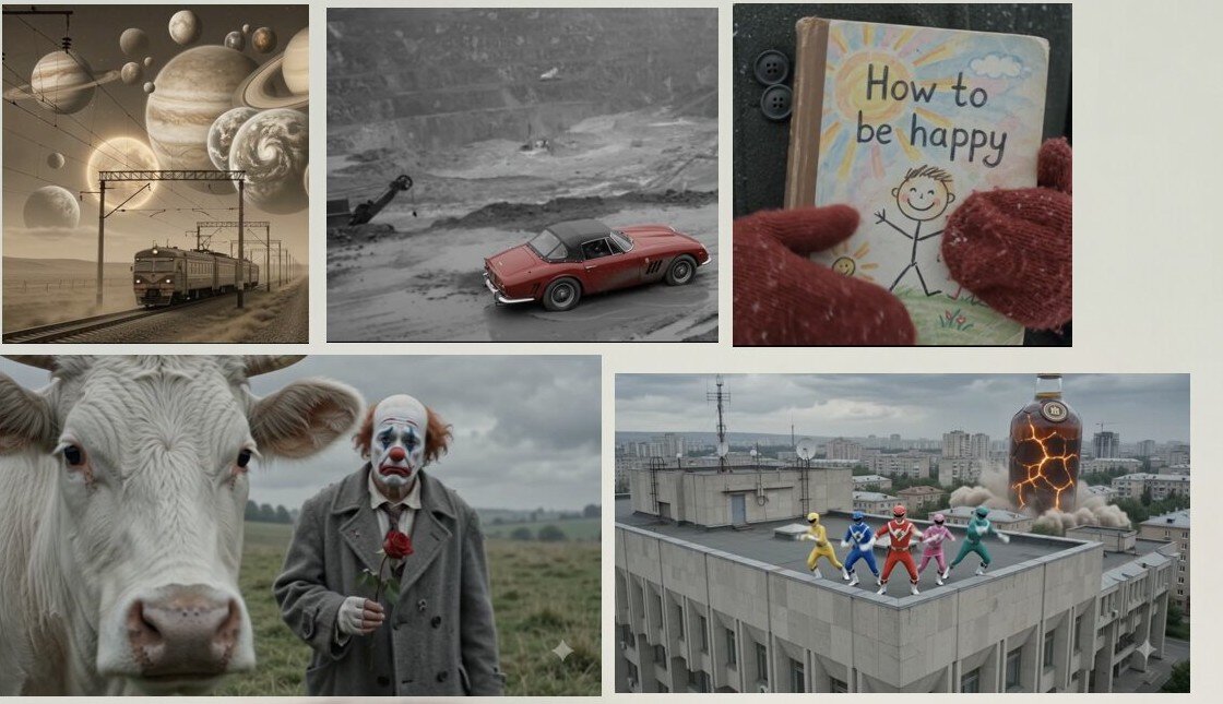 Slop Therapy still — a grid of deliberately bland AI-generated stock images used in the film