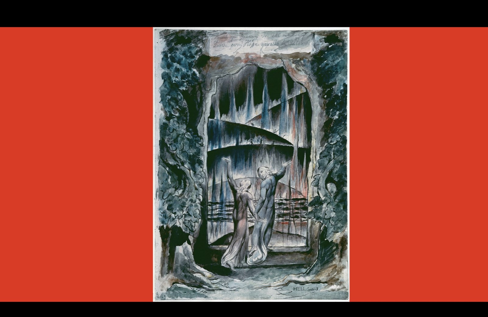 Trilogy of Letters and Territories still — a William Blake-style illustration of Hell on a red background